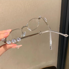 LIZAKOSHT  -  Women Retro Rhinestone Eyeglasses Girls Small Oval Shades Eyewear Metal Frames Anti Blue Light Reading Glasses Eyewears