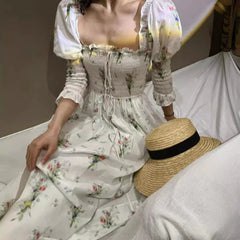 LIZAKOSHT  -  Spring and Summer Pleated Square Neck Puff Sleeve Floral Print Long Dress for Women