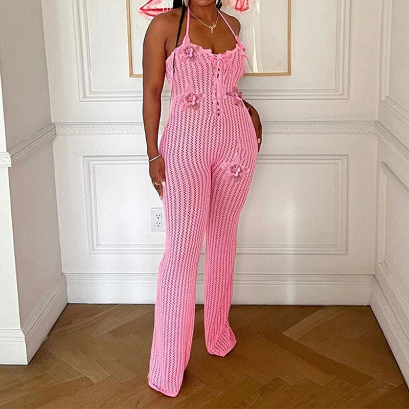 LIZAKOSHT  -  Knitted Halter High Elasticity See Through Halter Backless Solid Color Floral Appliques Club Street Low Cut Jumpsuit for Women