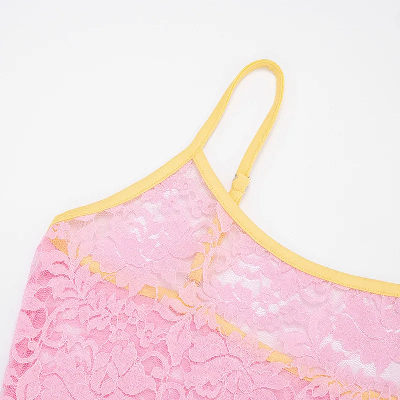 LIZAKOSHT  -  Woman Clothing Y2K Lace Camisoles Streetwear Girls Sexy See-through Corset Top Night Club Outfit Patchwork Pink Crop Top