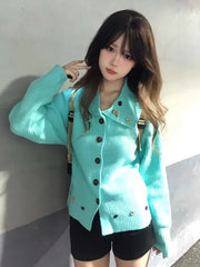 LIZAKOSHT  -  Chic Button Knit Cardigan Women Long Sleeve Sweet Casual Preppy Korean Sweater Female Harajuku Loose Lazy Wind Student Outwear