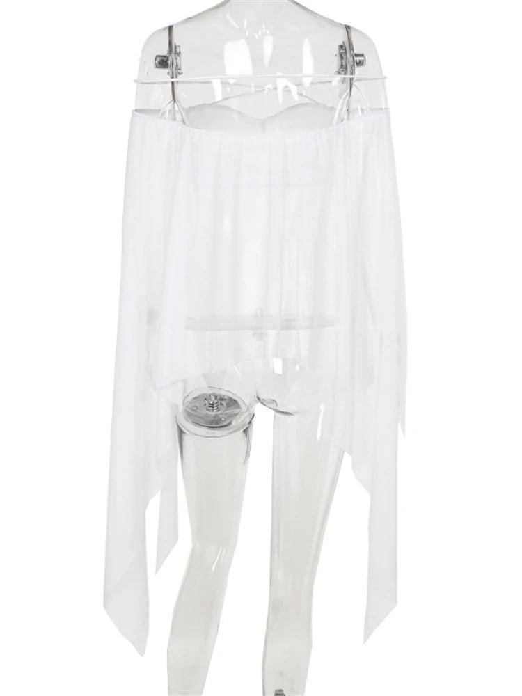 LIZAKOSHT  -  Summer White Sexy See Through Chiffon Tops Concert Party For Woman 2024 Long Sleeve Off Shoulder Irregular Chic Crop Top