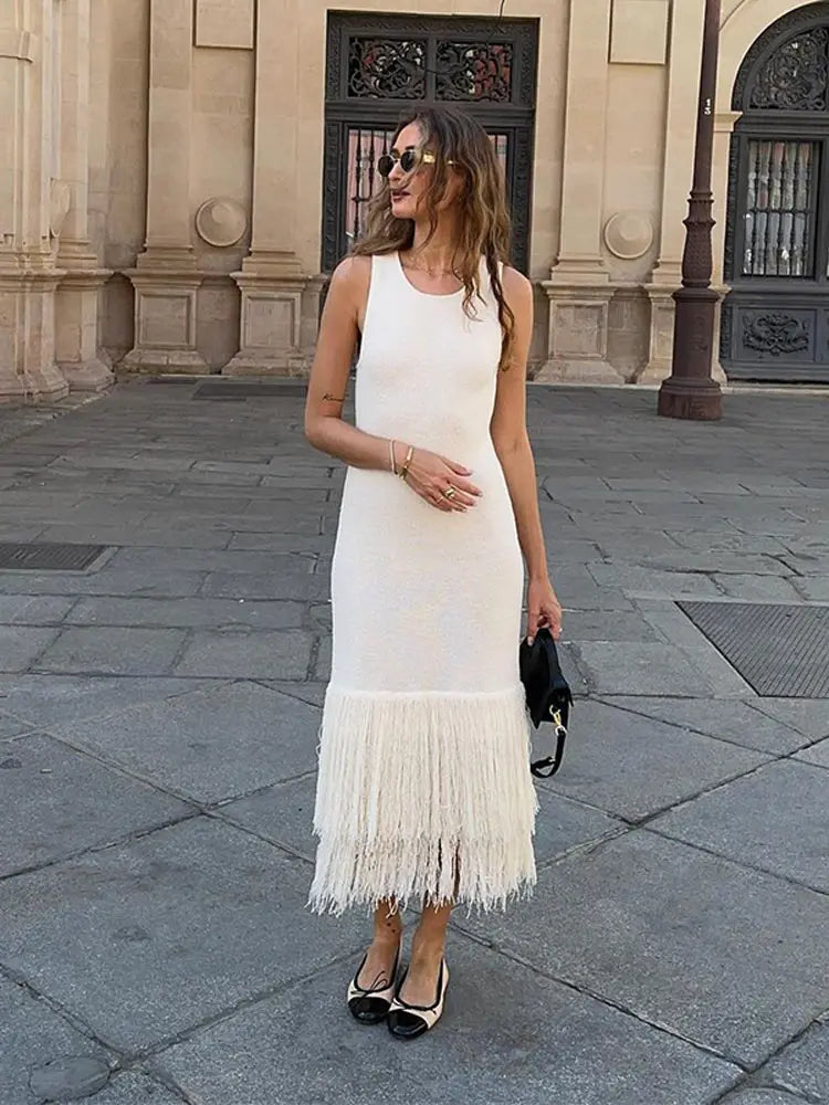 LIZAKOSHT  -  Elegant Tassels Hem Patchwork Women Knit Dress Chic O-neck Sleeveless Bodycon Midi Dresses 2024 Summer Lady Beach Vacation Robes