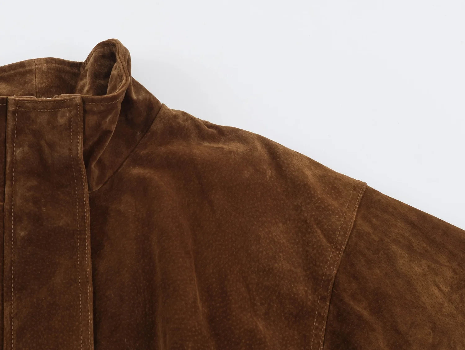LIZAKOSHT  -  Brown Faux Suede Women Short Coat Stand Collar Zip Front Long Sleeve Waist Belt Buckle Loose Fit Vintage Retro Street Outerwear