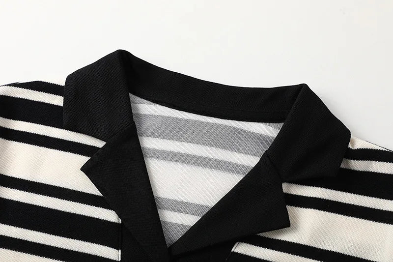 LIZAKOSHT  -  Black and White Striped Loose Short-sleeved T-shirt V-neck Pullover Bottoming Casual Shirt Summer New Style