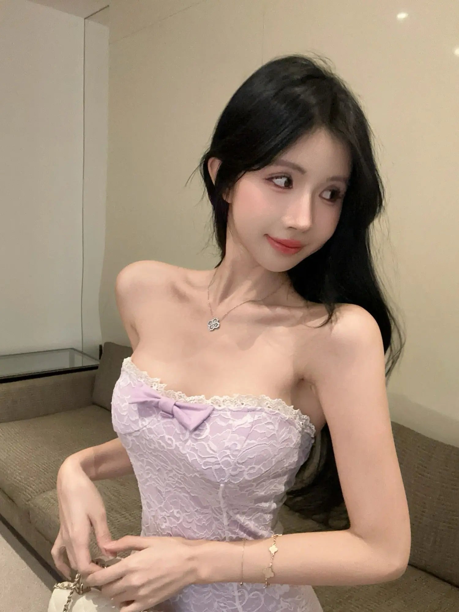 LIZAKOSHT  -  Internet Celebrity Pure Sweet and Spicy Lace Bow Slim Sexy Hip-covered Dress