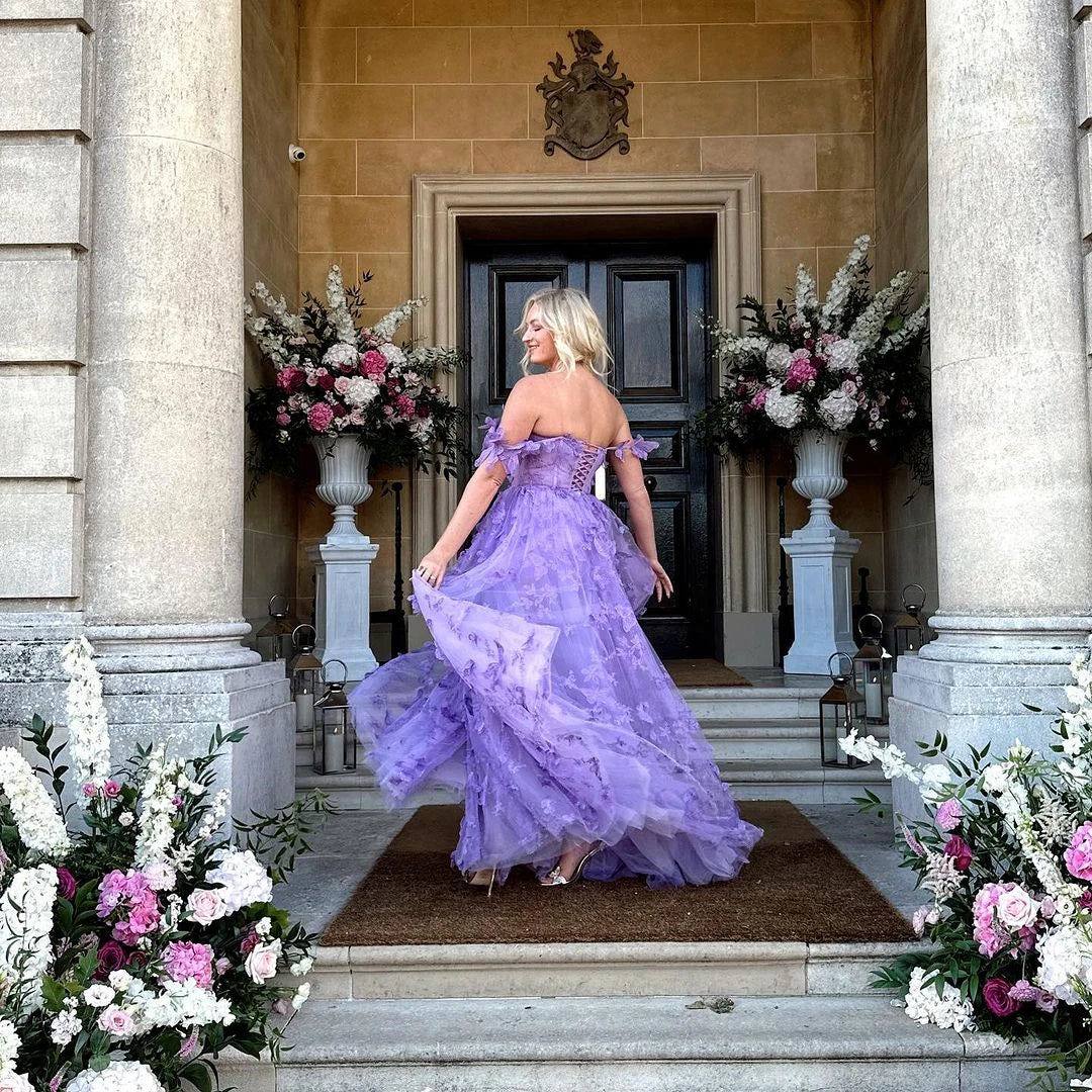 3D Butterfly Tulle Prom Dresses for Women 2024 Lace Applique Princess Long Ball Gown with Slit Graduation School Party Gown