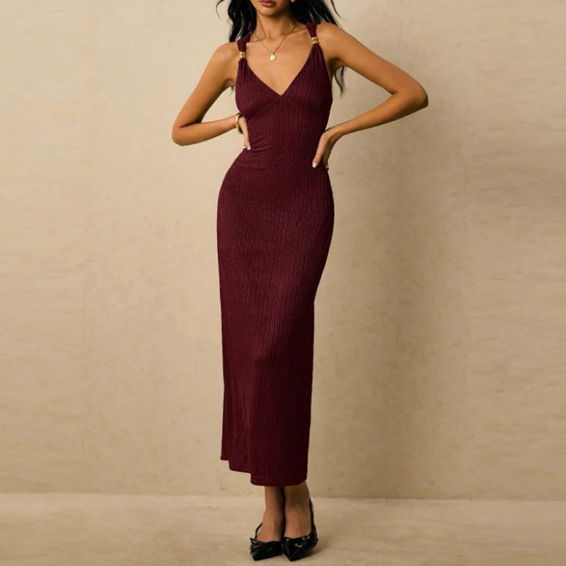 LIZAKOSHT  -  Elegant V-neck High Waist Skinny Dress Women Sexy Backless Sleeveless Long Dress Fashion Draped Hollow Out Slim Gowns Dress