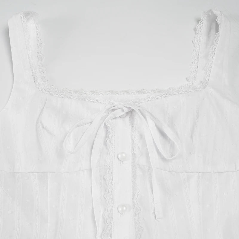 LIZAKOSHT  -  Textured Fabric Lace Trim Tank Top Elegant Tie-up Bow Single-breasted Sleeveless Tops French Style Slimming Camisole