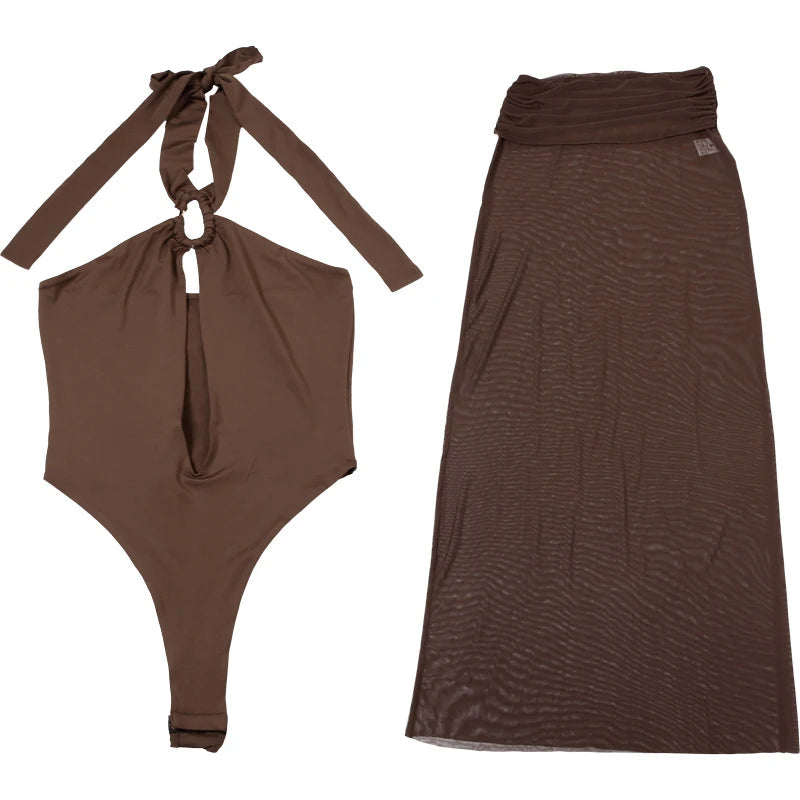 LIZAKOSHT  -  Solid Color Hanging Neck Lace Up Backless Hollow Slim Bodysuit+Mesh Ruched Long Skirts Beach Nightclub 2-Piece Matching Set