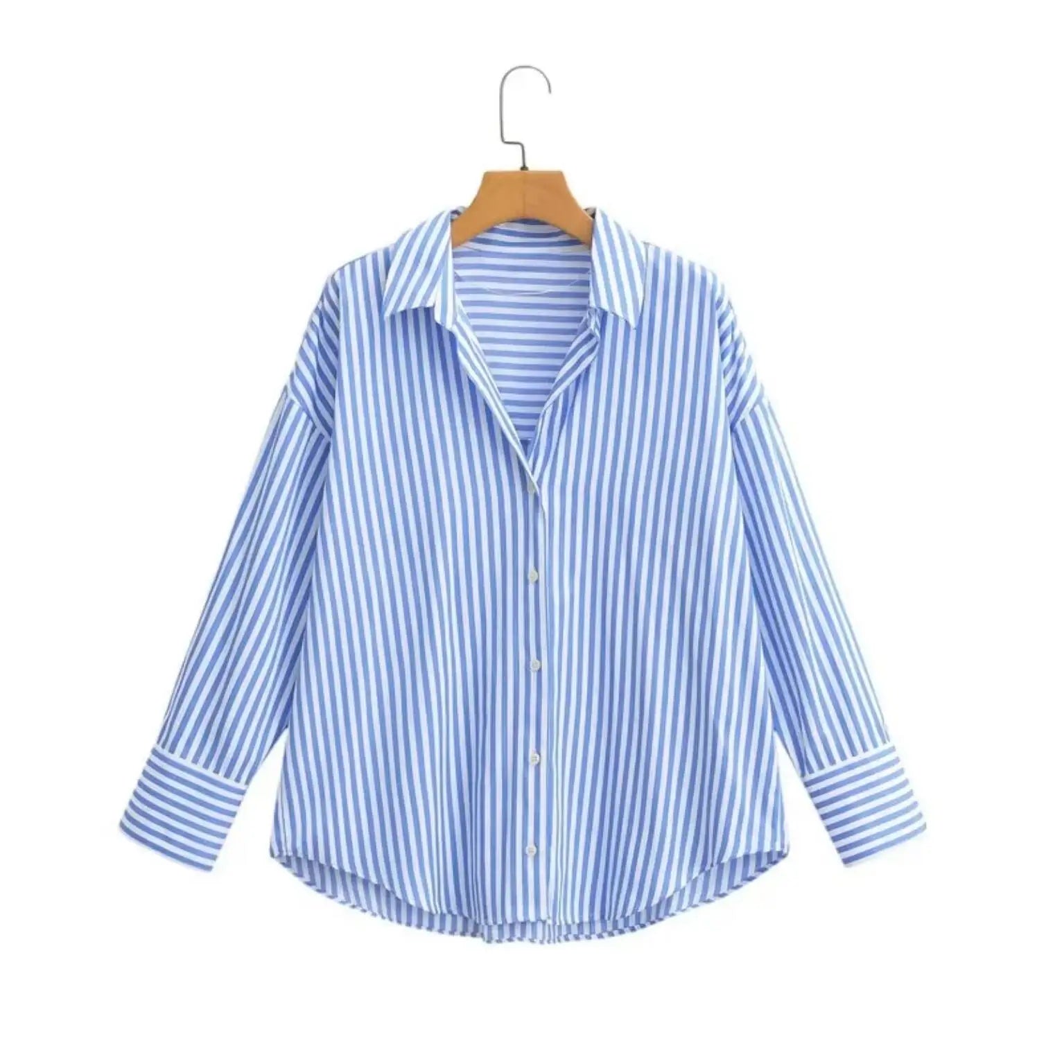 LIZAKOSHT  -  Women Single-Breasted Button Full Sleeve Loose Leisure Blouses Casual Tops Autumn Lapel Blue White Striped Print Shirt