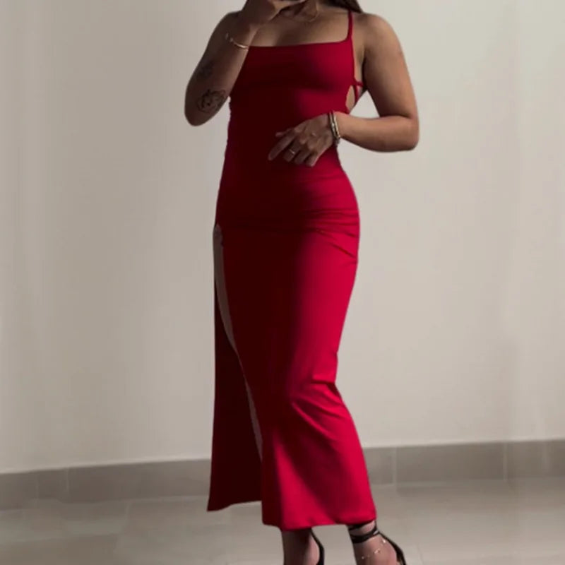 LIZAKOSHT  -  Sexy Holiday Backless Lace Up Long Dress Women Split Sleeveless Bodycon Party Evening Dresses High Street Female Suspender Robes