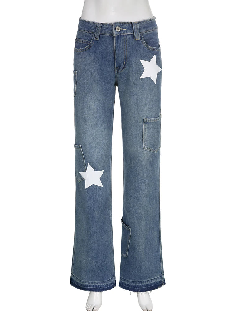 LIZAKOSHT  -  Low Rise Baggy Jeans Y2K Star Print Denim Pockets Patchwork Women Pants Streetwear Retro Casual Jean Trousers Korean
