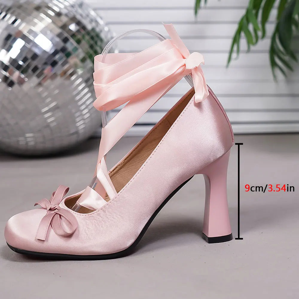 LIZAKOSHT  -  Brand Design Big Size 43 Sweet Pink Mary Jane Pumps Cross-tied Satin 9cm High Heels Ballet Shoes White Party Wedding Shoes Women