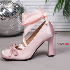 LIZAKOSHT  -  Brand Design Big Size 43 Sweet Pink Mary Jane Pumps Cross-tied Satin 9cm High Heels Ballet Shoes White Party Wedding Shoes Women