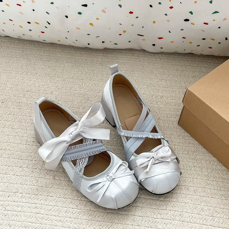 LIZAKOSHT  -  Lace Cross Strap Women Mary Jane Shoes Fashion Sweet Butterfly-knot Thick Heel Shoes Spring Autumn Ladies Elegant Dress Pumps