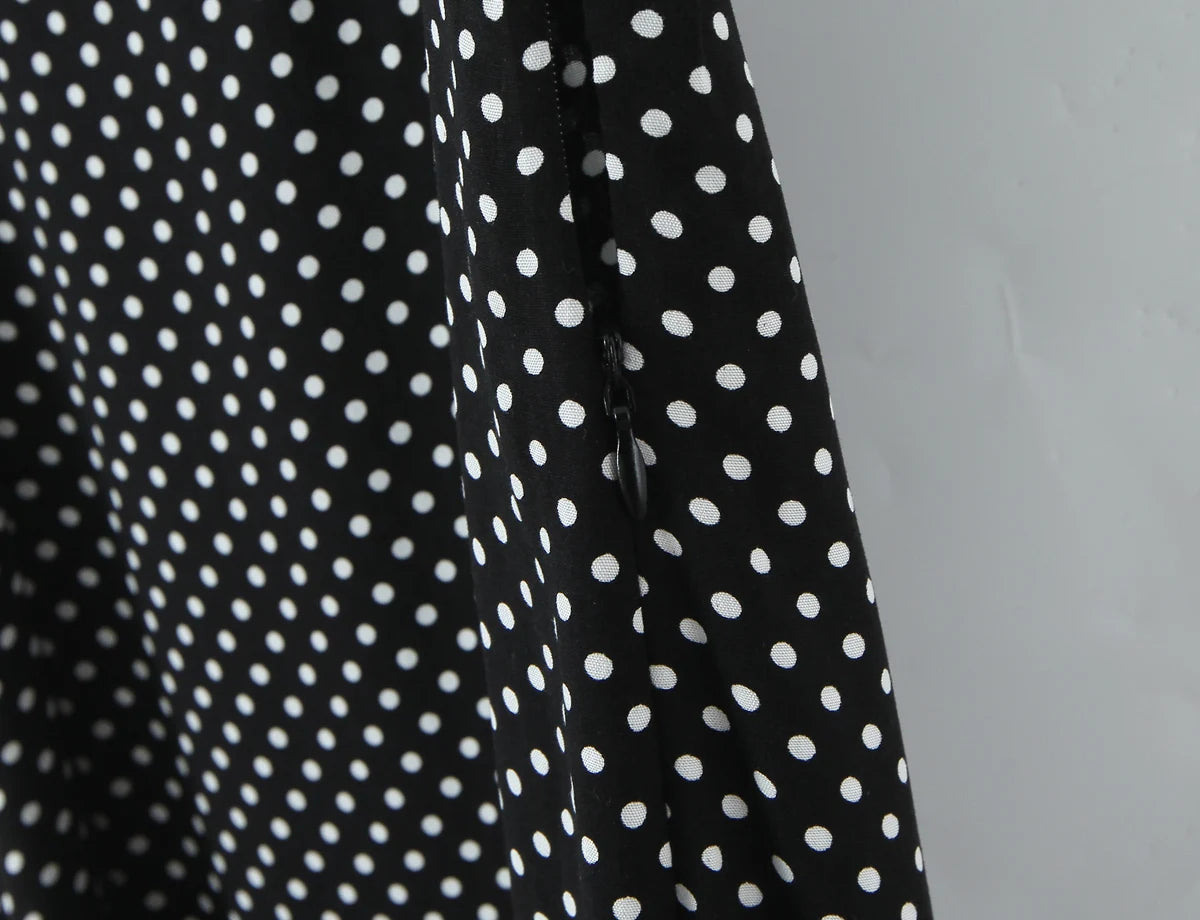 LIZAKOSHT  -  Retro French Style Black white Polka Dot Print Spliced Lace V Neck Chest Sling Midi Dress Women Backless Dresses Vestidos Femme