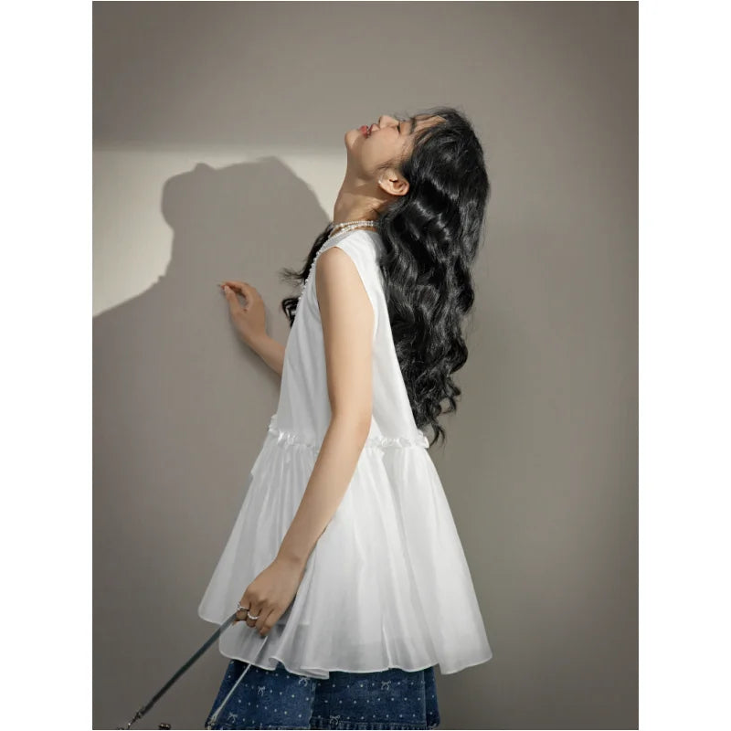 LIZAKOSHT  -  Sleeveless Doll Shirt with Ruffled Hem in Summer Slim Temperament Wind Vest Suspender Top Female