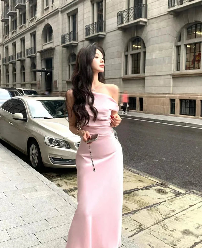 LIZAKOSHT  -  Satin Sexy Off Shoulder Dress Women Pink Skinny Elegant Soft Dress Classic Fashion Party Evening Gown Sleeveless Lady Vestidos