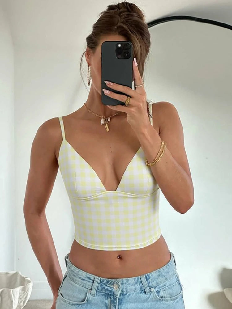 LIZAKOSHT  -  Girls Summer Deep V-neck Plaid Camisoles Y2K Woman Clothing Sexy Sleeveless Backless Crop Tops Pink Corset Streetwear