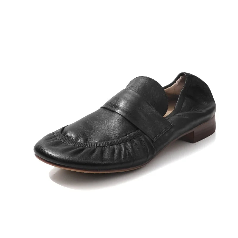 LIZAKOSHT  -  Fashion Loafers Women's New High Quality Genuine Soft Leather Shoes Round Head Ruched  High Heels Casual Shoes Women