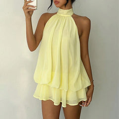 LIZAKOSHT  -  Beach Vacation Summer Ruffles Mini Sleeveless Dress Women's Fashion Solid Color Hanging Neck Open Back Pleated Dresses