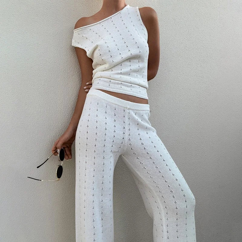 LIZAKOSHT  -  Casual Sleeveless Hollow Backless Tie-up Sets Elegant Slant Neck Tops & Long Pant Suits Women Fashion Knitted Solid 2Pc Outfits