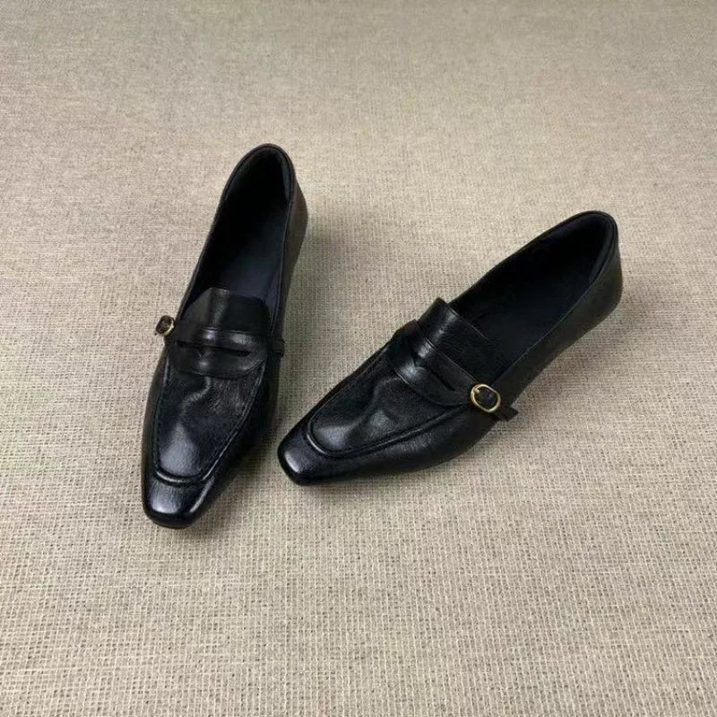 LIZAKOSHT  -  Vintage Square Toe Block Heel Loafers for Women Leather Buckle Pumps Retro Commuter Slip On Dress Shoes Office Ladies Footwear
