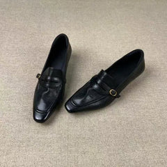LIZAKOSHT  -  Vintage Square Toe Block Heel Loafers for Women Leather Buckle Pumps Retro Commuter Slip On Dress Shoes Office Ladies Footwear