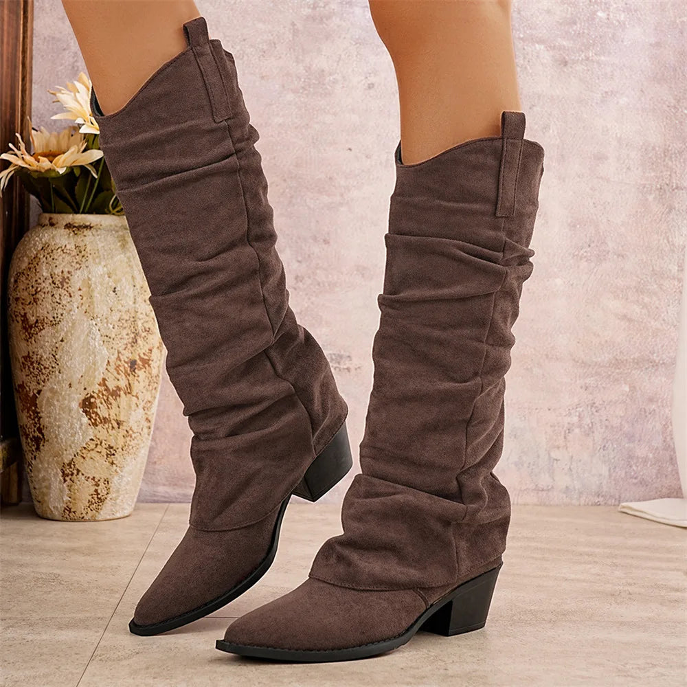 LIZAKOSHT  -  Big Size 42 Vintage Maillard Style Brown Cowboy Boots Women Buckle Belt Retro Black Mid-calf Boots Shoes Winter Western Booties