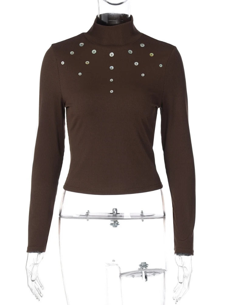 LIZAKOSHT  -  Woman Clothes Ribbed T-shirt Fashion Casual Half High Collar Buttons Cropped Tops High Street Female Long Sleeve T Shirts