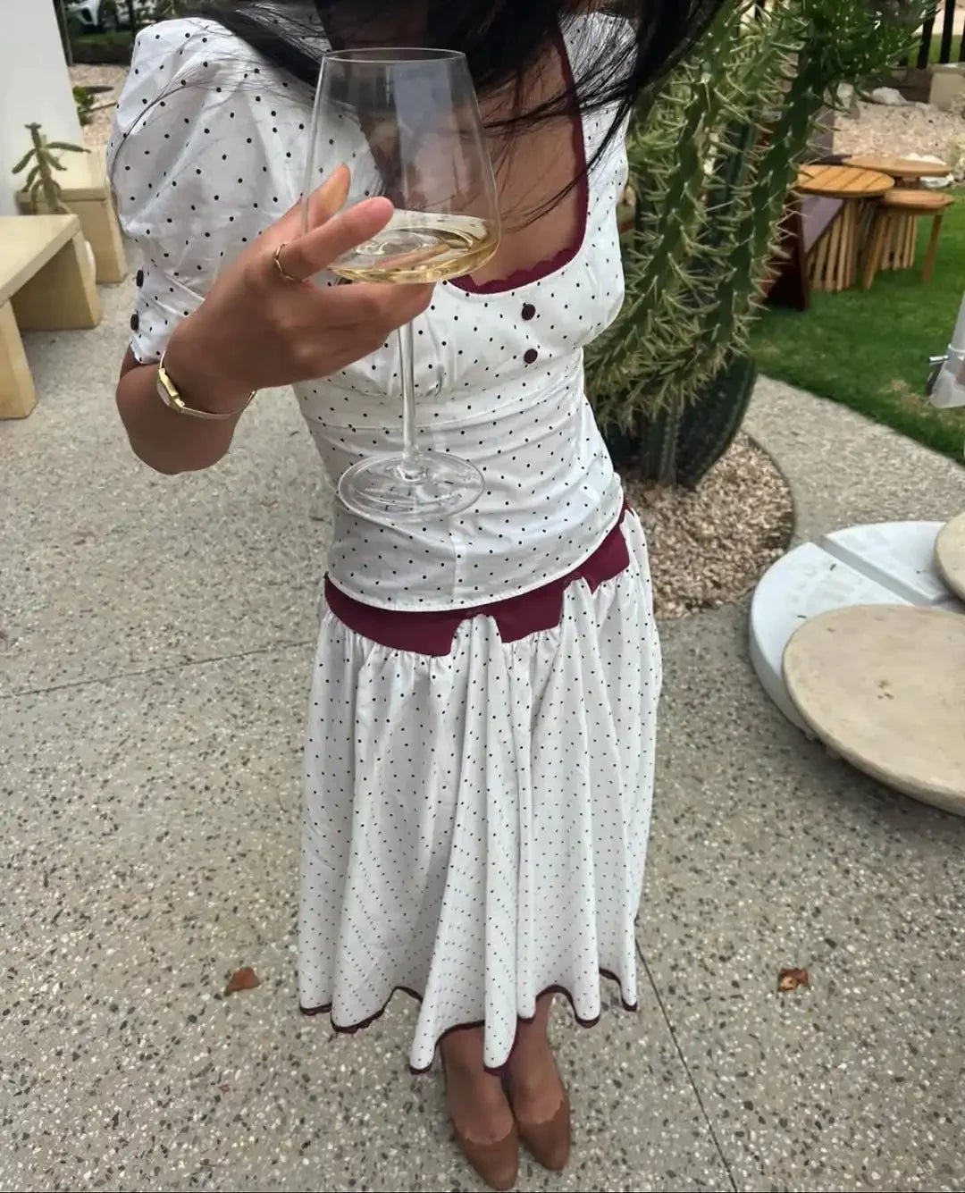 LIZAKOSHT  -  Solid Polka Dot Long Skirt Suit Women U Neck Short Sleeves Lace Ruffle Waist Cinching 2-piece Set Lady Summer Holiday Outfit New