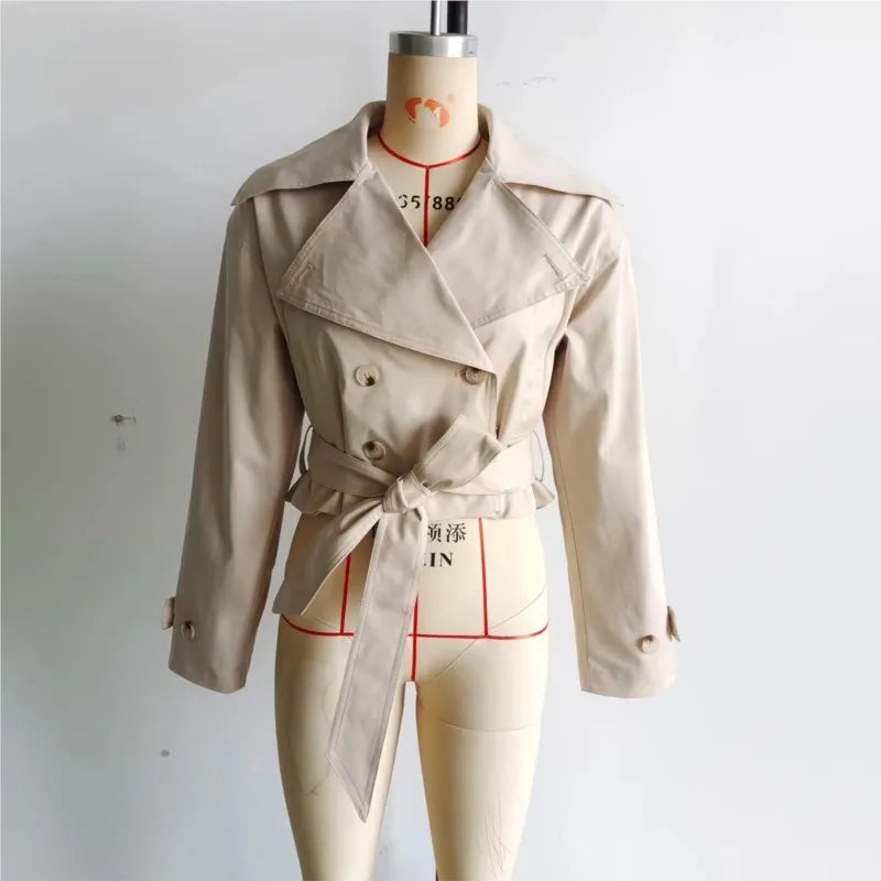 LIZAKOSHT  -  Fashion Simple Cropped Windbreaker Jackets Women New Spring Belt Long Sleeve Double Breasted Coats Solid Casual Short Coats
