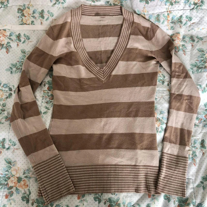 LIZAKOSHT  -  Grunge Fairy 90s Vintage Striped T-shirt Autumn Spring V Neck Long Sleeve Tops Y2K Chic Women Retro Knitted Sweater Tees Top