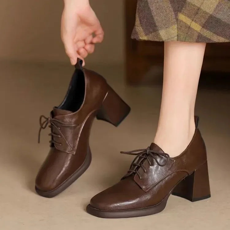LIZAKOSHT  -  Women Square Toe Oxford Shoes Chunky Block High Heels Lace Up Leather Pumps Retro British Style Office Ladies Dress Shoes