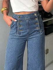 LIZAKOSHT  -  Fashion Women's Jeans Button Baggy Denim Jeans Pants High Waist Casual Classic Blue Wide Leg Trouser Female Y2K Punk