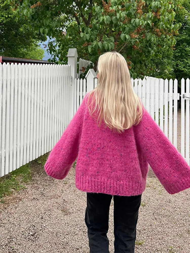 LIZAKOSHT  -  Sweet Rose Red Women Loose O-neck Pullover Elegant Long Flare Sleeve Casual Knitted Sweater Autumn Lady Commute Streetwear