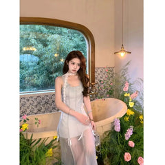 LIZAKOSHT  -  Bow-tie Strap Waist-cinching Slim Fit Mesh Cami Dress