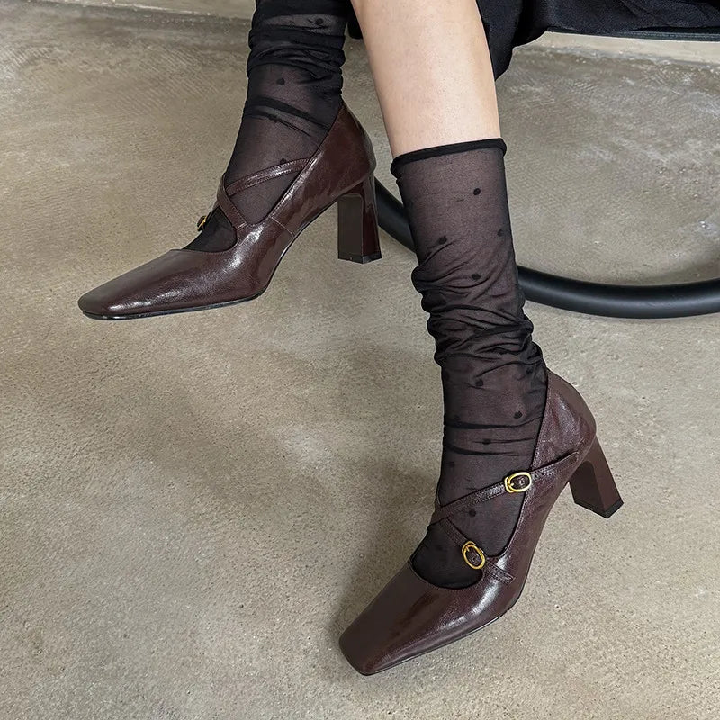 LIZAKOSHT  -  Fashion Pumps New High Quality Genuine Leather Square Head Cross Buckle High Heels Mary Janes Commuter Women's Shoes