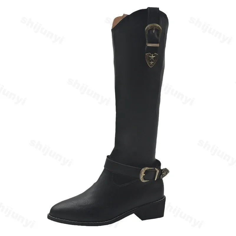 LIZAKOSHT  -  Women Mid Heels Knee High Chelsea Long Boots Fashion Metal Buckle Platform Motorcycle Boots Designer Pointed High Knight Boots