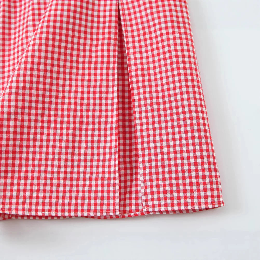 LIZAKOSHT  -  Women Sleeveless Side Slit Back Smocking  Halter Neck Tala Linen Dress Tomato Check