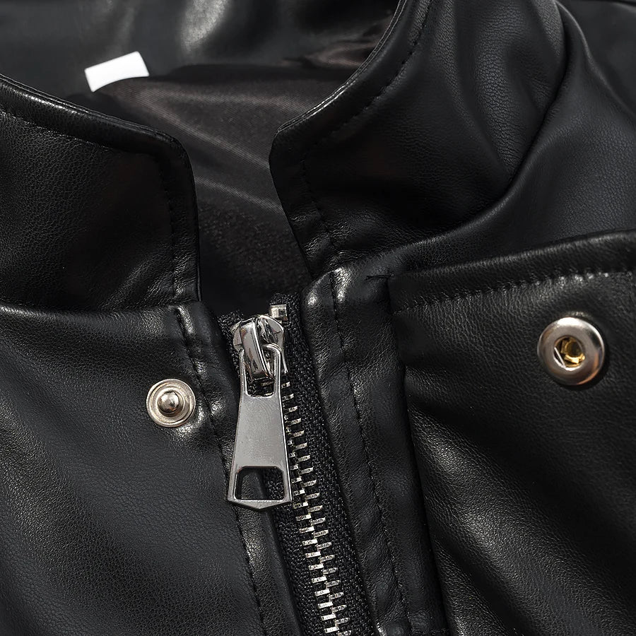 LIZAKOSHT  -  Retro Stand Collar Punk Style Leather Short Jacket European And American Autumn New Leather Jacket