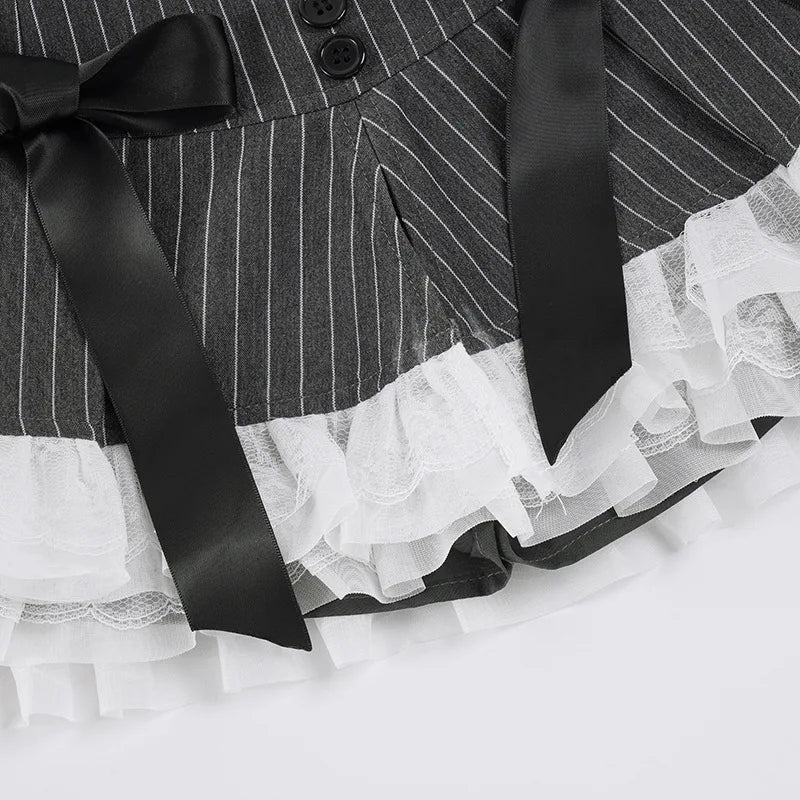 LIZAKOSHT  -  Y2K Style Skirt Bow Lace Striped Half Low Waist Slimming Spicy Girl Short Pleated European American