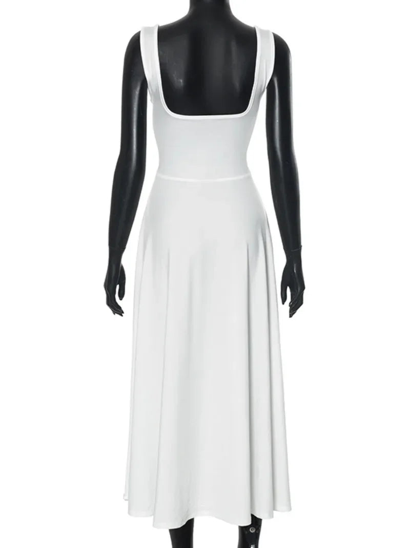 LIZAKOSHT  -  Woman Clothing Square Collar Sleeveless White Long Dress Ladies Fashion High Waist Backless A-line Party Dresses 2024 Streetwear