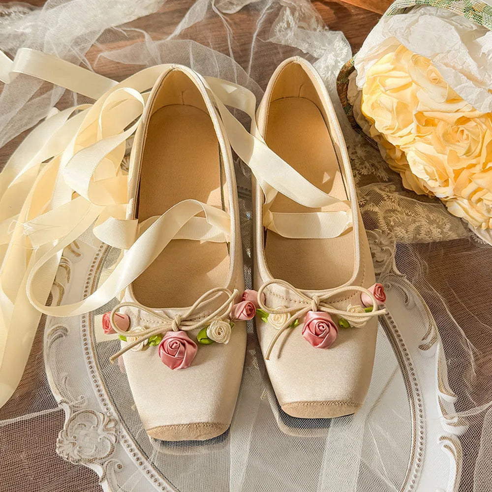 LIZAKOSHT  -  Summer Cute Square Toe Ballet Flats Shoes Women with Riband Sweet Satin Slip On Comfortable sole Office Lady Daily Shoes