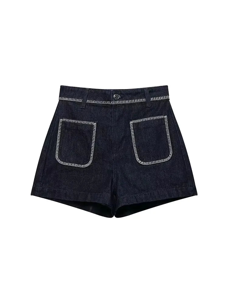 LIZAKOSHT  -  Fashion Denim Shorts For Women Summer 2025 New Casual Black Zipper Pockets Short Pants Chic Bright Line Decoration Mini Shorts