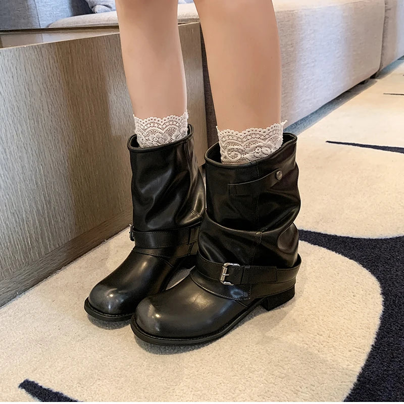 LIZAKOSHT  -  Autumn Winter Women Western Ankle Boots Fashion Belt Buckle Thick Heel Shoes Ladies Elegant Party Dress Short Booties