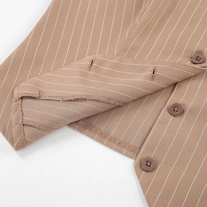 LIZAKOSHT  -  Office Lady Summer Striped Solid V Neck Buttons Sleeveless T-shirt and High Waist Wide Leg Pants Two Piece Sets For Women