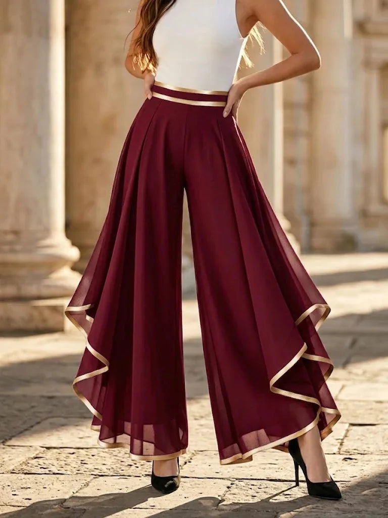 LIZAKOSHT  -  Summer Women Elegant High Waist Pants Fashion Gold Trim Flowy Spliced Layered Hem Casual Wide Leg Pants Lady Loose Pants