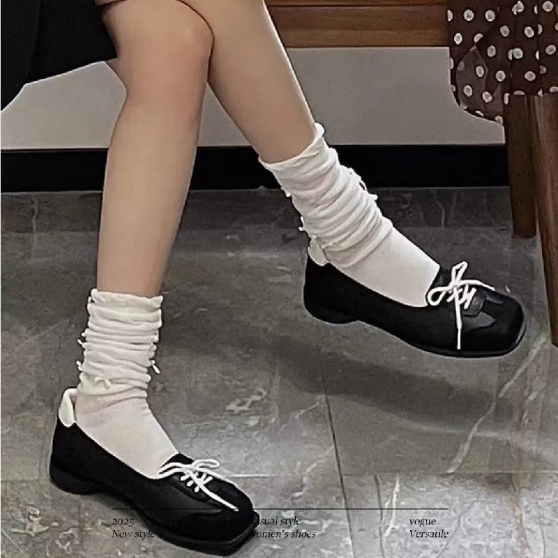 LIZAKOSHT  -  Novelty Lace Up Ballet Sneaker Flats Women Square Toe Splicing Design British Style Mary Jane Shoes Cozy Non-Slip Designer Pumps